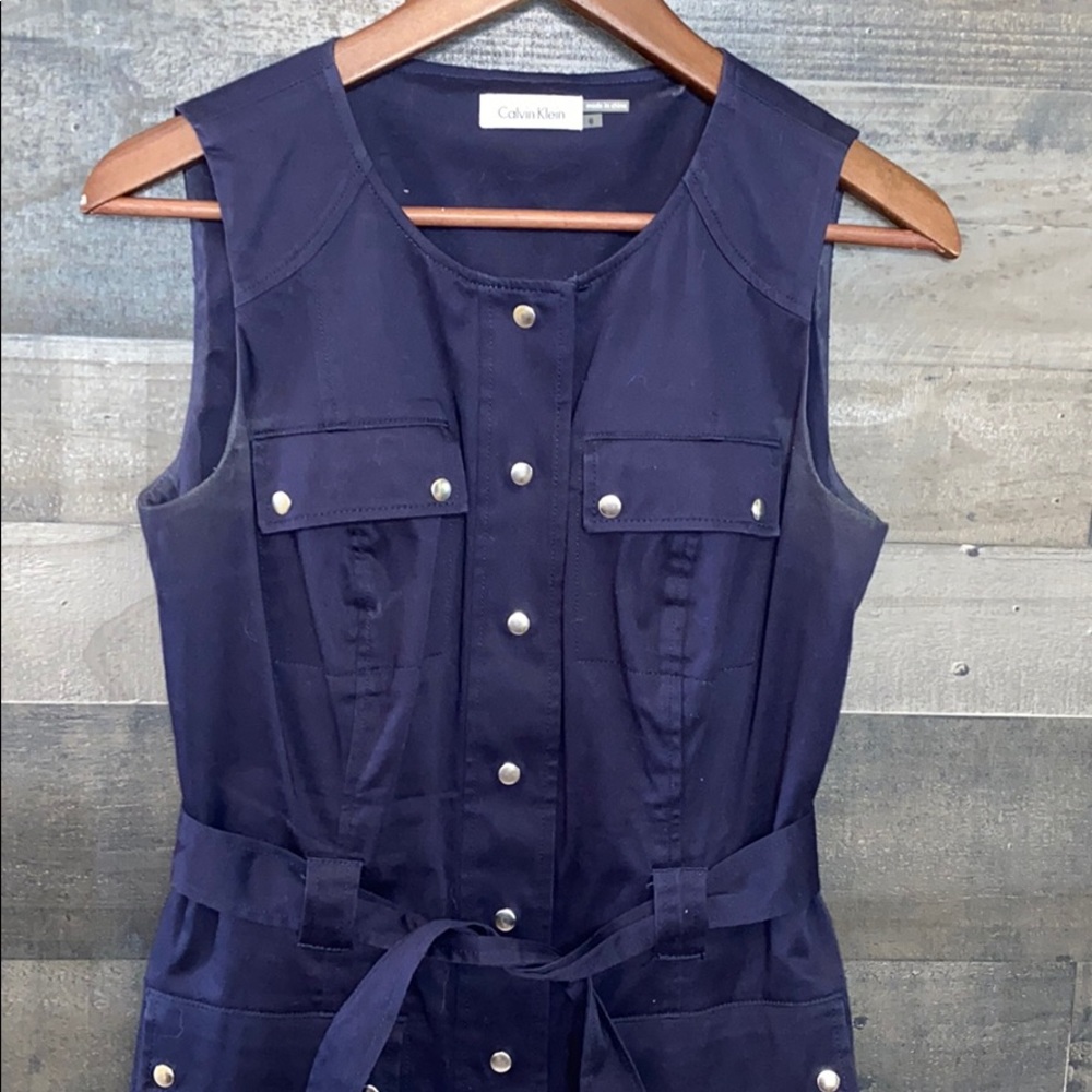 Classy Navy Blue Calvin Klein Sleeveless Button Down Dress - Picture 2 of 9
